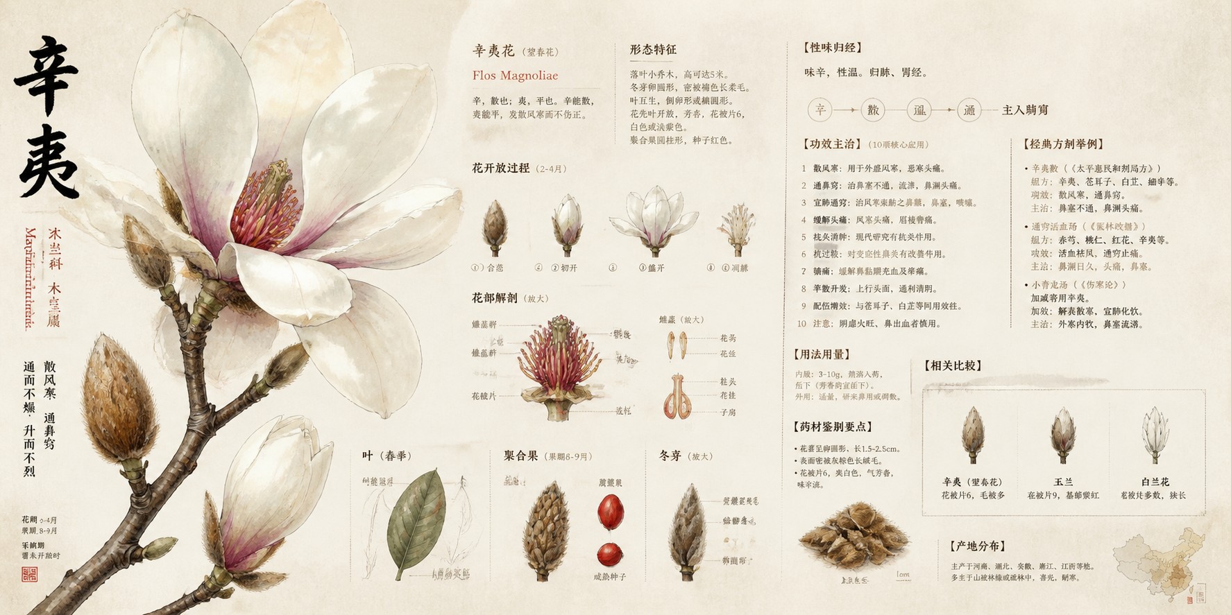 植物學圖解海報：辛夷