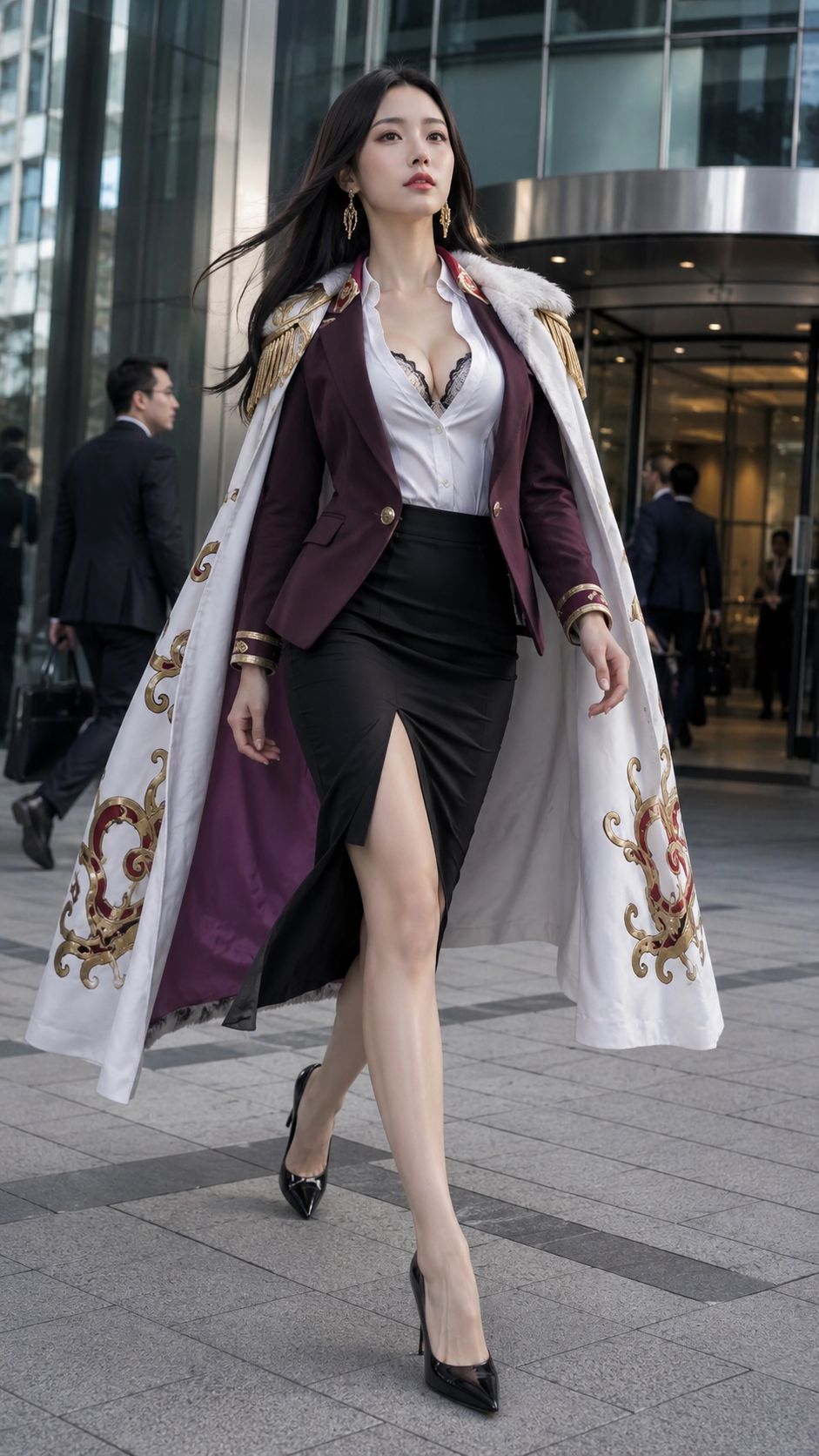 女帝的日本真人COSPLAY，原服裝融合女性上班族套裝，大樓門口…